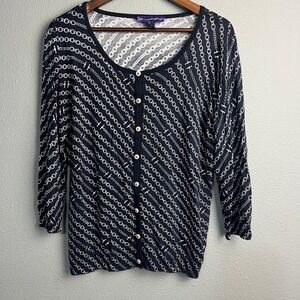 Russell Kemp XL Cardigan Sweater Black White Chain Print Button Front Gold Bling